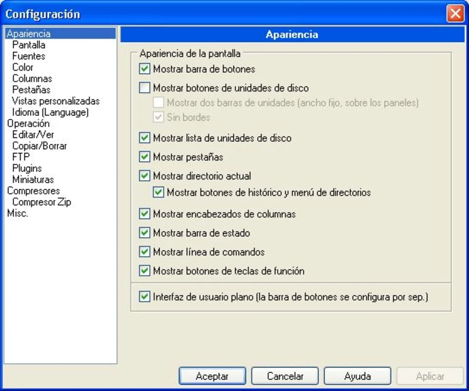 Total Commander configuration window showing appearance and display options